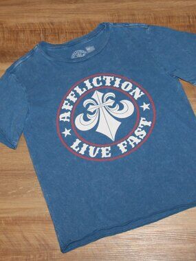 LIKE NEW! Boy's AFFLICTION Size SMALL Blue Lava Wash Graphic Print Logo Tee